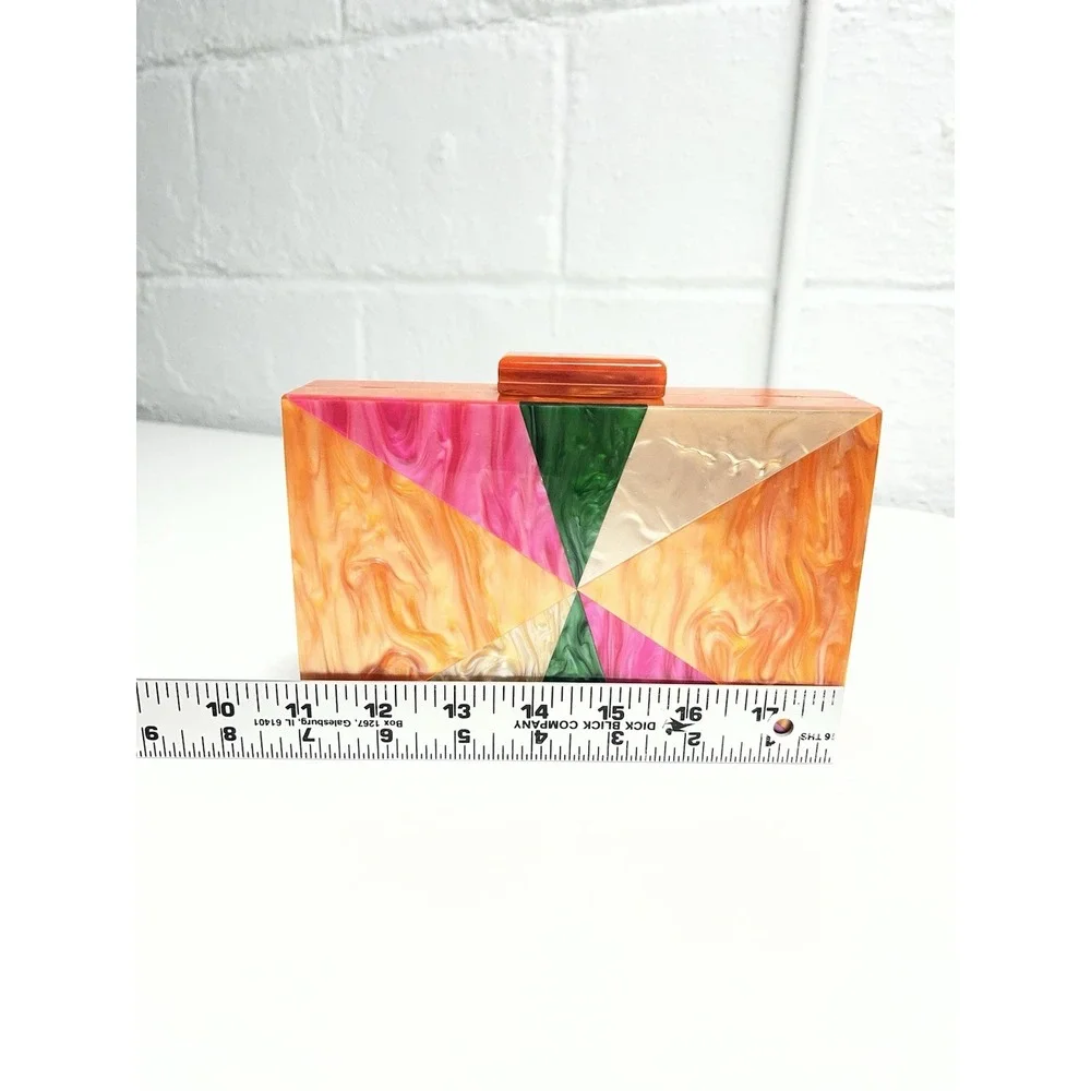Marbled Acrylic Clutch Bag Art Deco Patchwork Evening Orange Pink Gold Chain